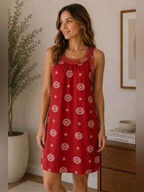 Twik Red Embroidered Boho Sleeveless Shift Dress Summer Size XS Festival